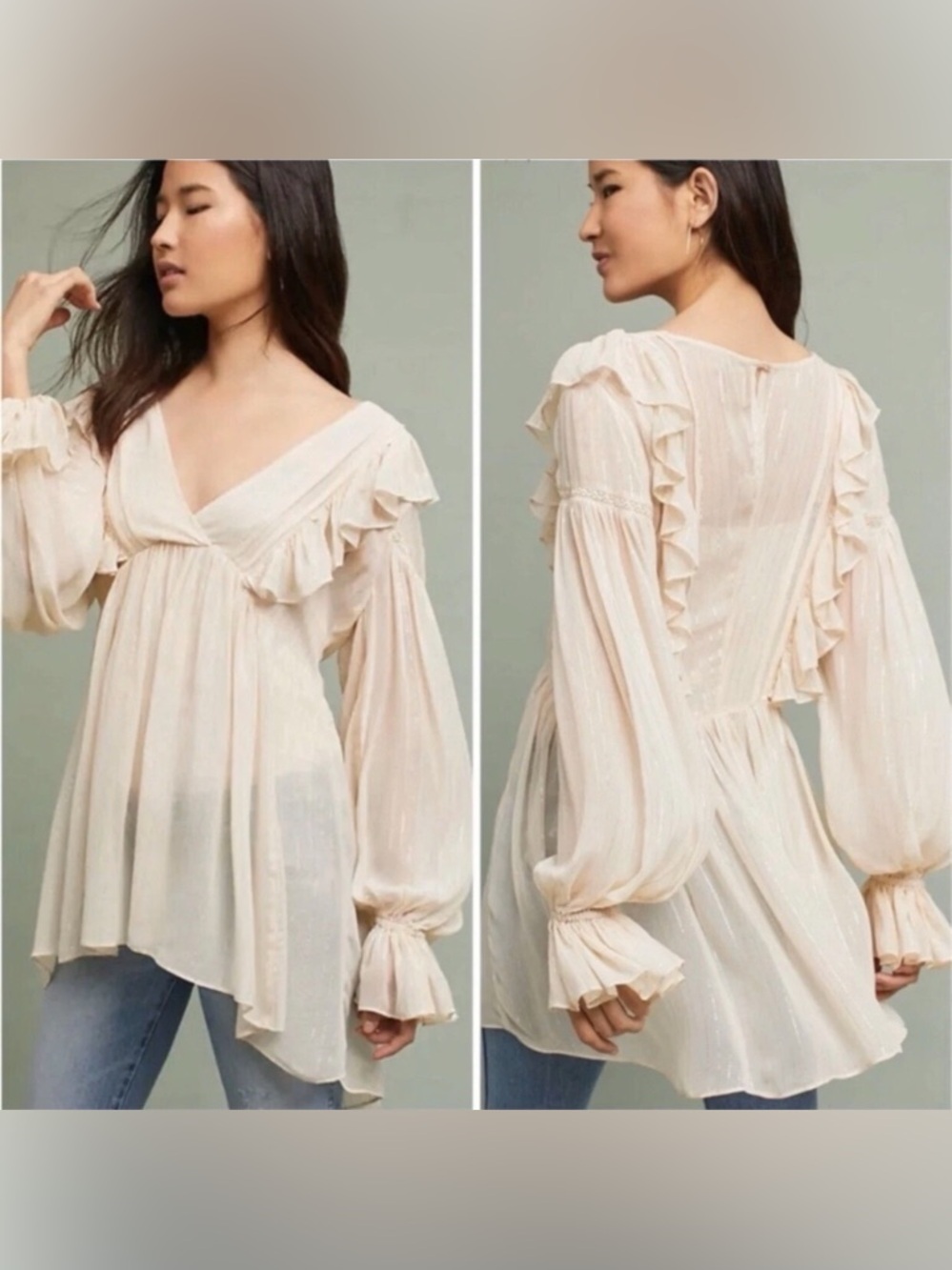 Anthropologie Maeve Wynne Boho Peasant Cream Metallic Stripes Tunic Top Size 2